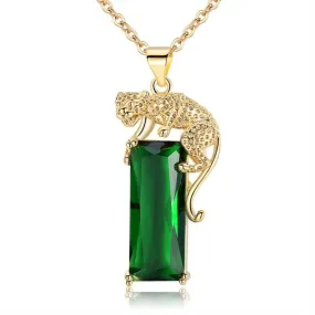 Rose Gold Green Emerald CZ Leopard Pendant Necklace