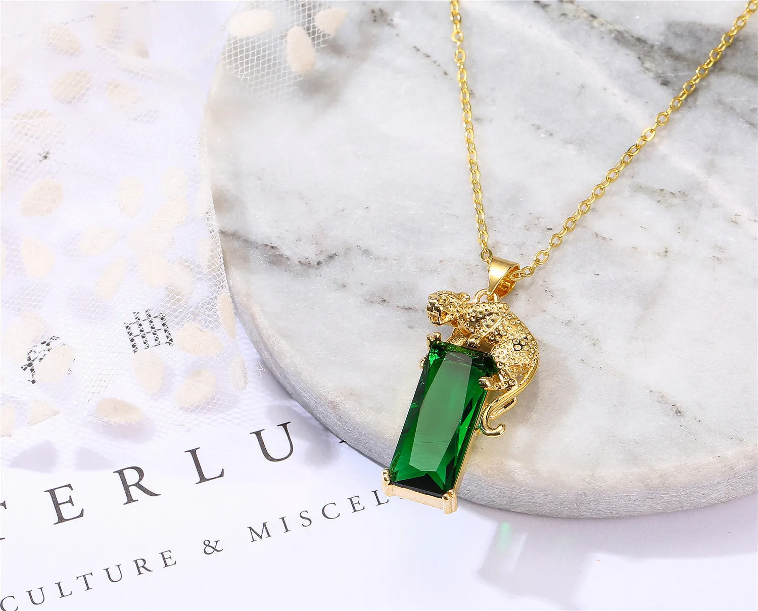 Rose Gold Green Emerald CZ Leopard Pendant Necklace