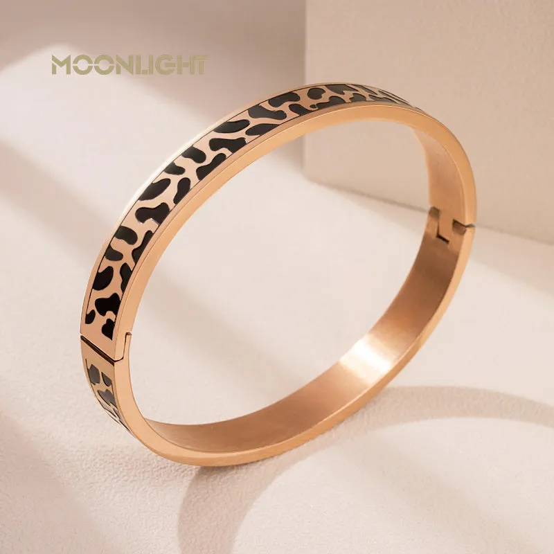 Rose Gold Stainless Steel Animal Print Hinged Bangle Bracelet