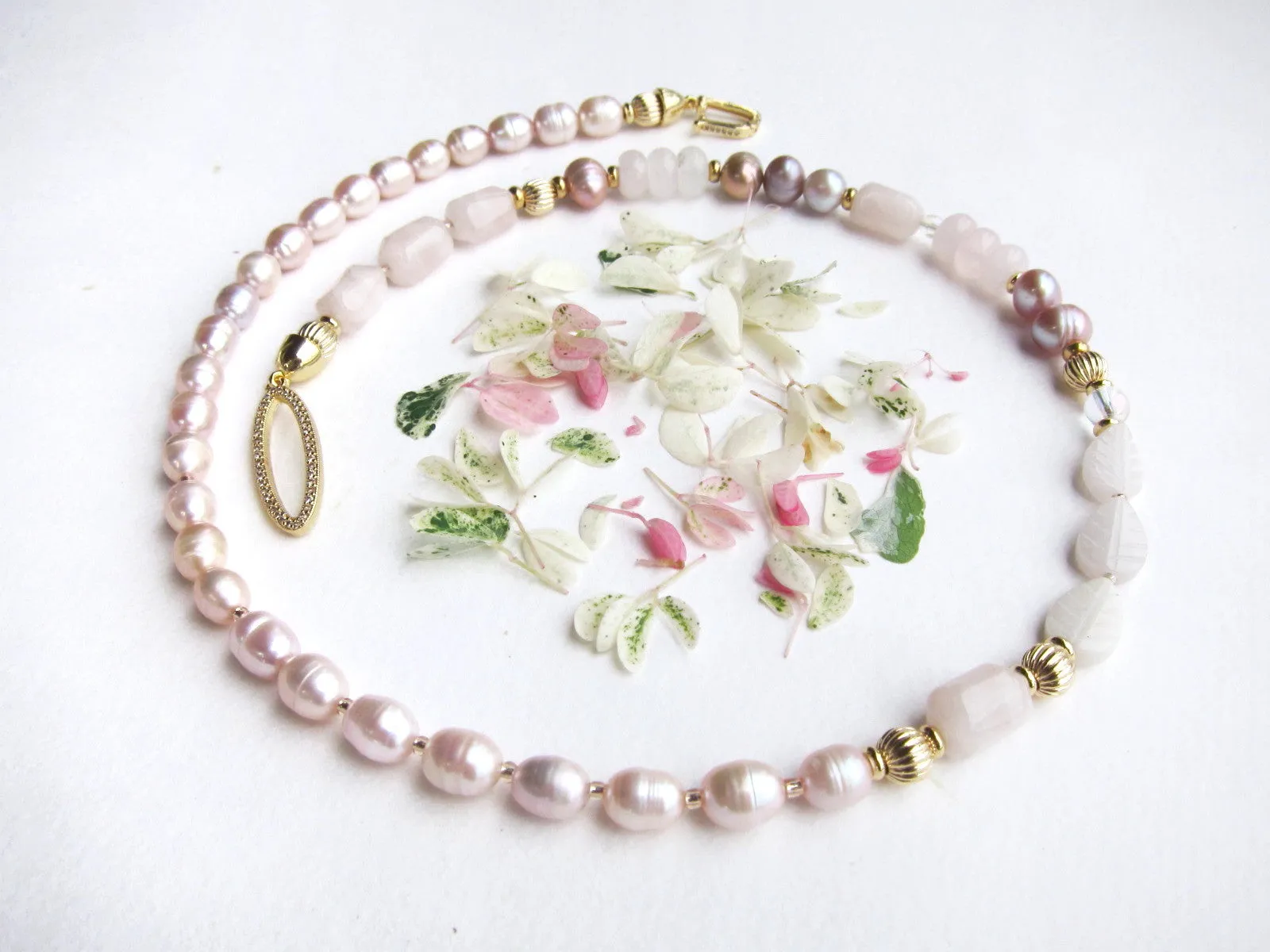 Rose Quartz and Blush Pink Pearl Gemstone Necklace - Love, Fertility, Protection