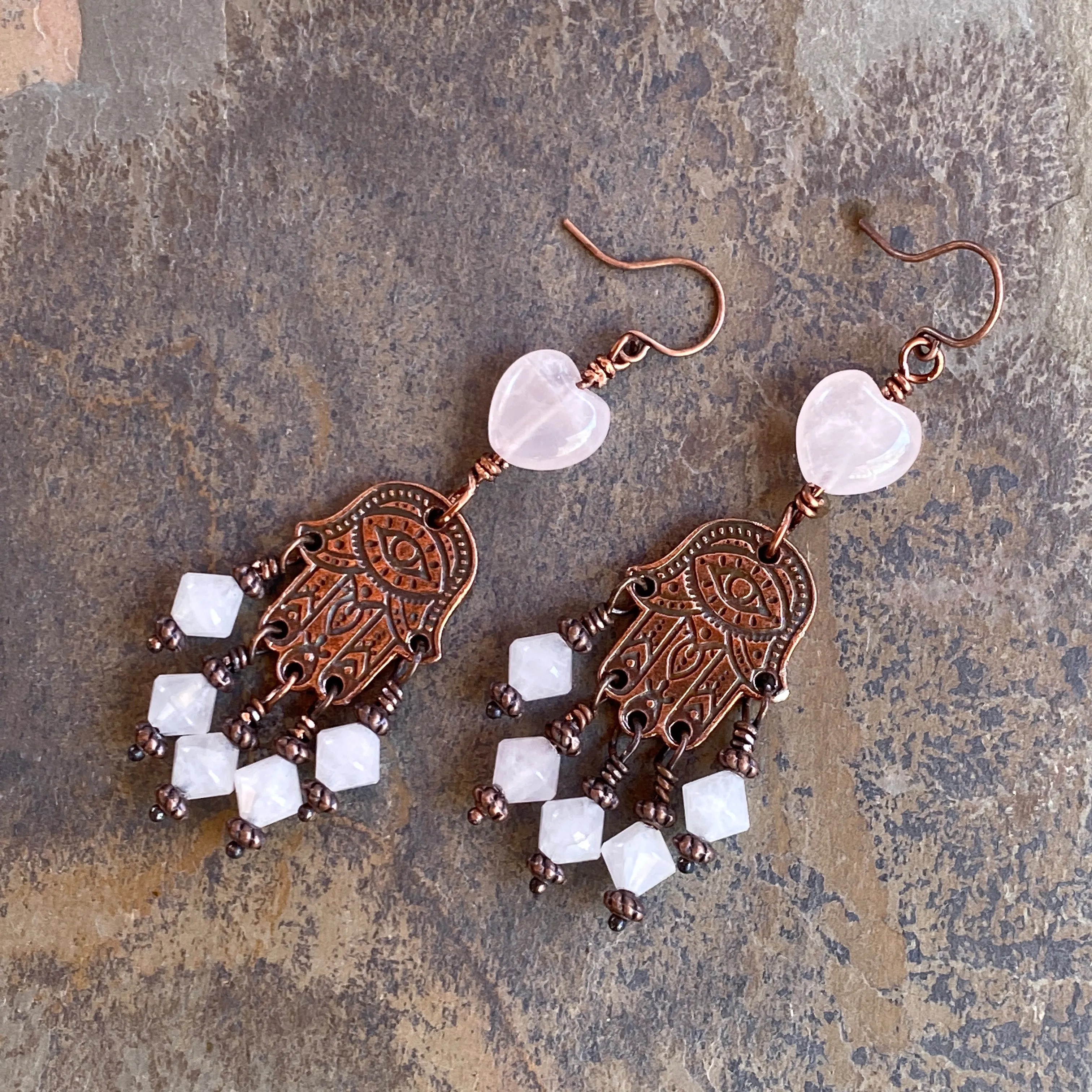 Rose Quartz and copper Hamsa Earrings