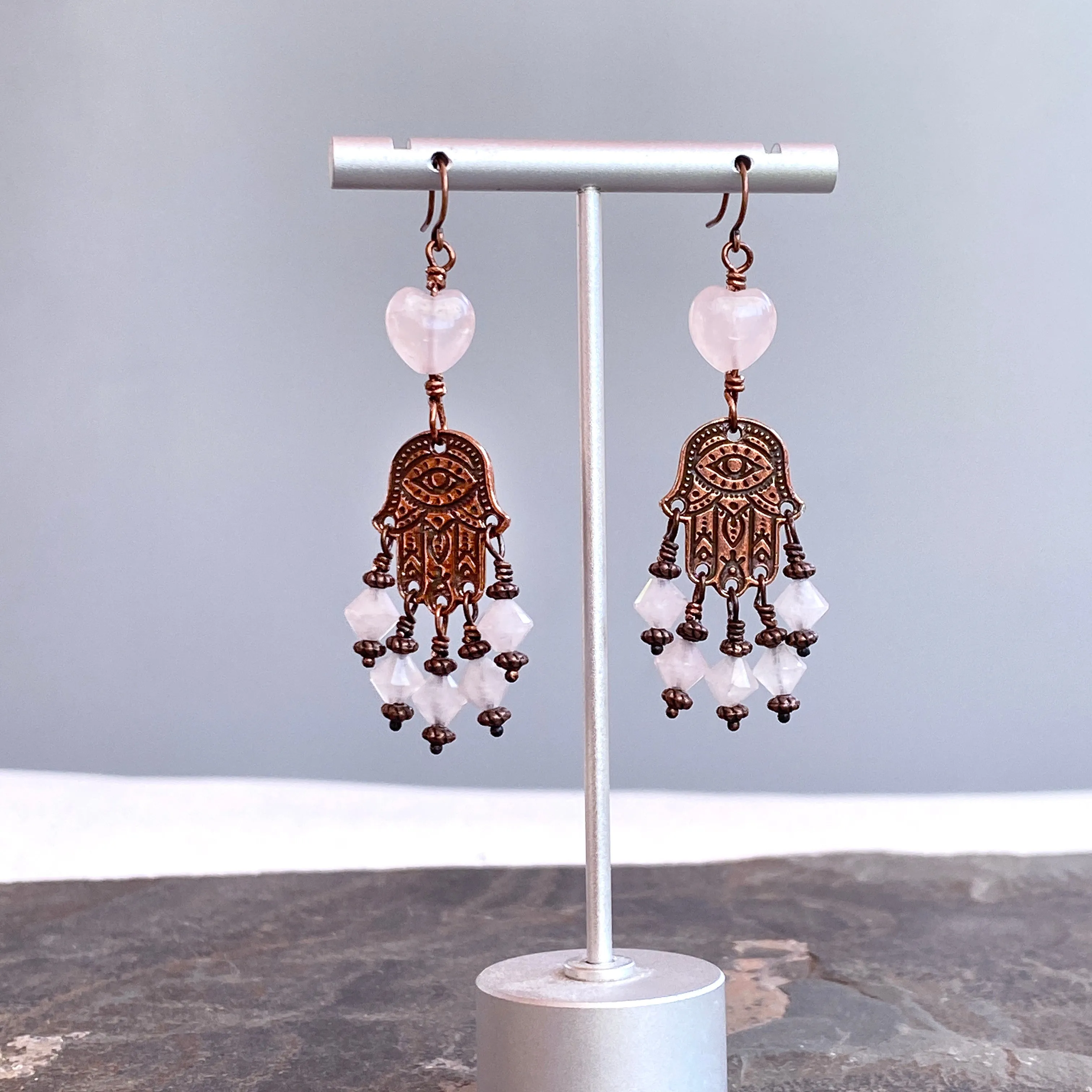 Rose Quartz and copper Hamsa Earrings