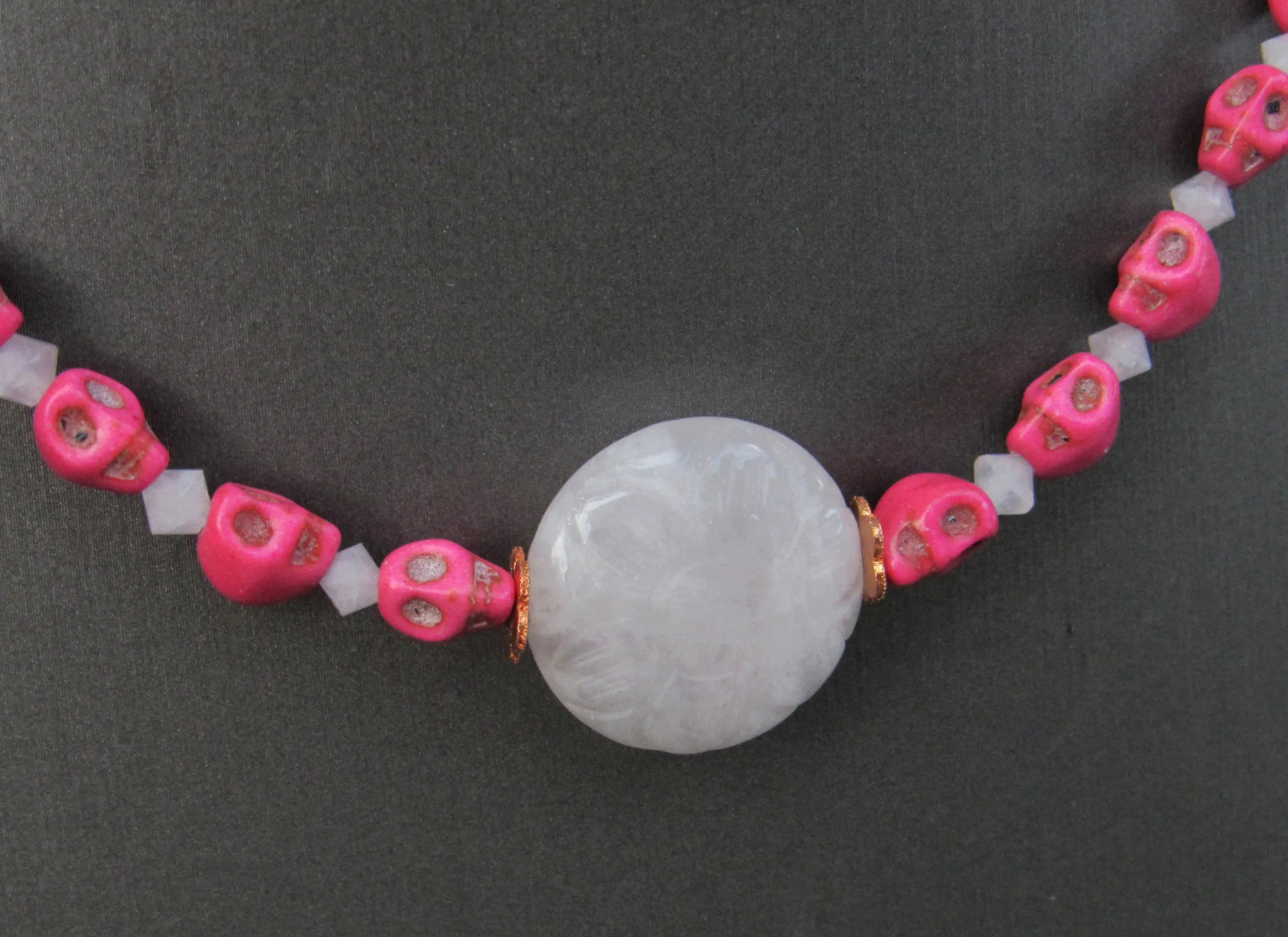 Rose Quartz and Skull Necklace