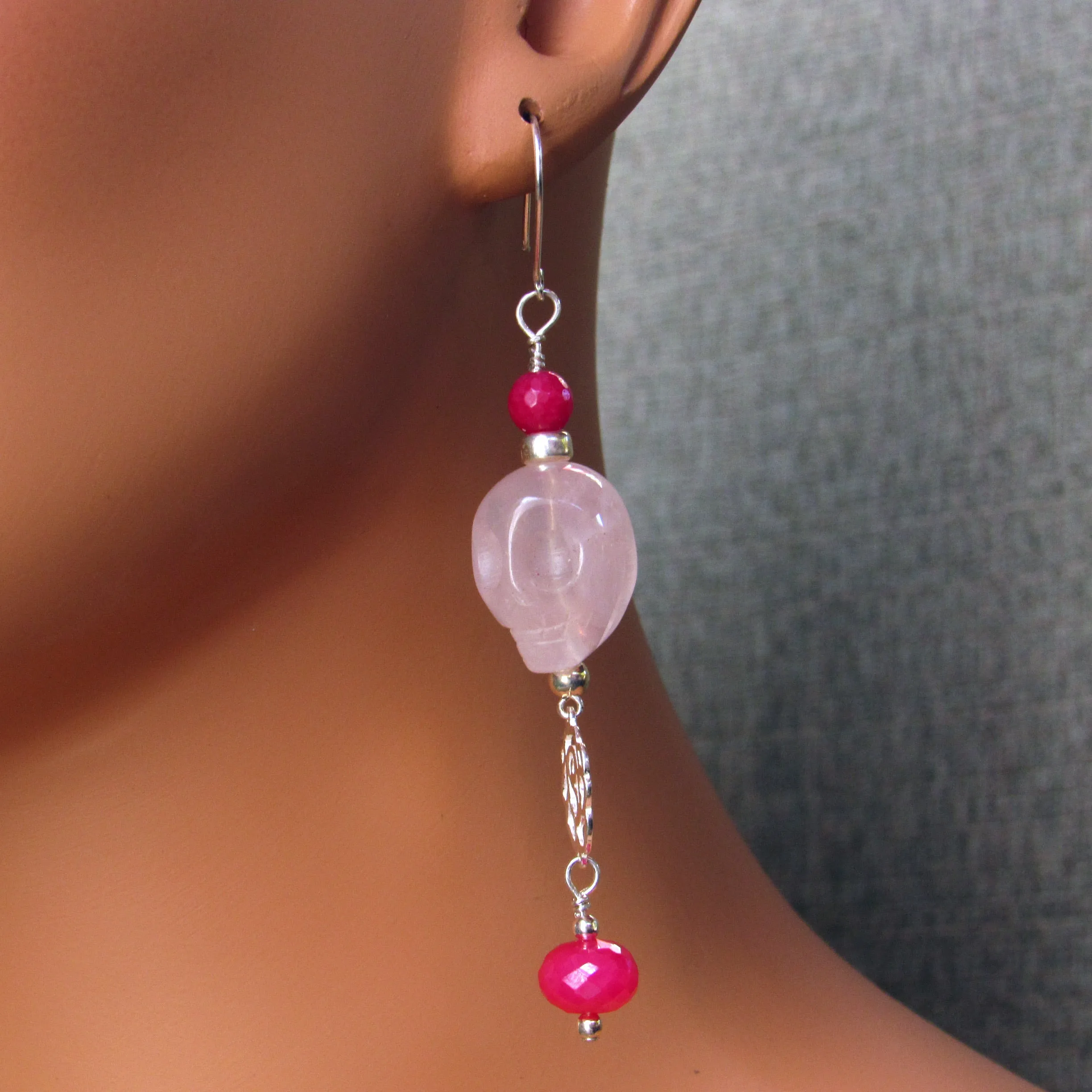 Rose Quartz Gemstone Skulls, Pink Jade, Pink chalcedony with Sterling Silver Rose  Drop Earrings