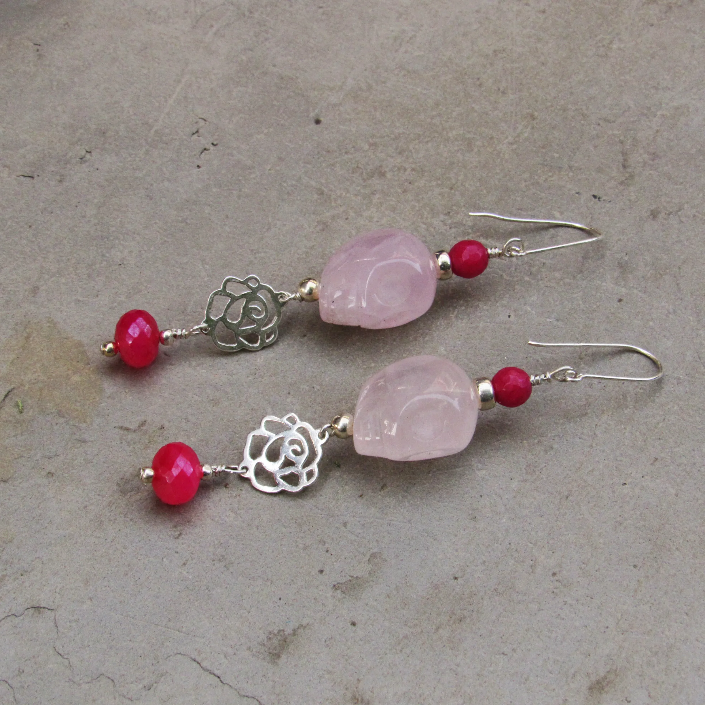 Rose Quartz Gemstone Skulls, Pink Jade, Pink chalcedony with Sterling Silver Rose  Drop Earrings