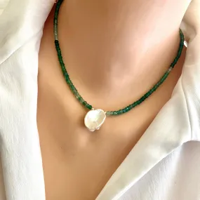 Shaded Green Onyx and Keshi Pearl Minimalist Necklace, Gold Filled, 16.5inches