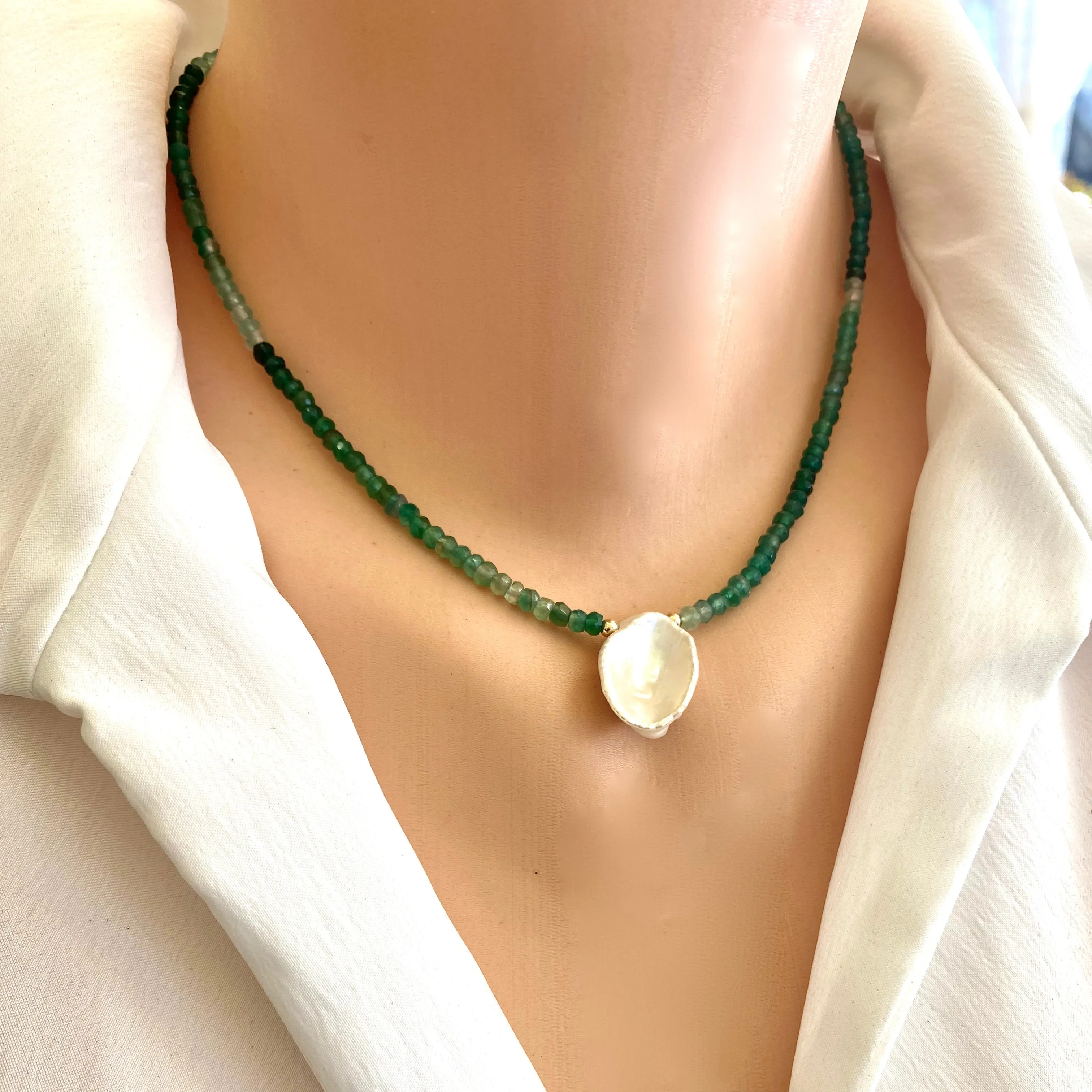 Shaded Green Onyx and Keshi Pearl Minimalist Necklace, Gold Filled, 16.5inches