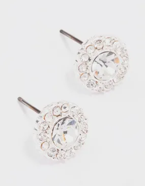 Silver Embellished Crystal Halo Stud Earrings