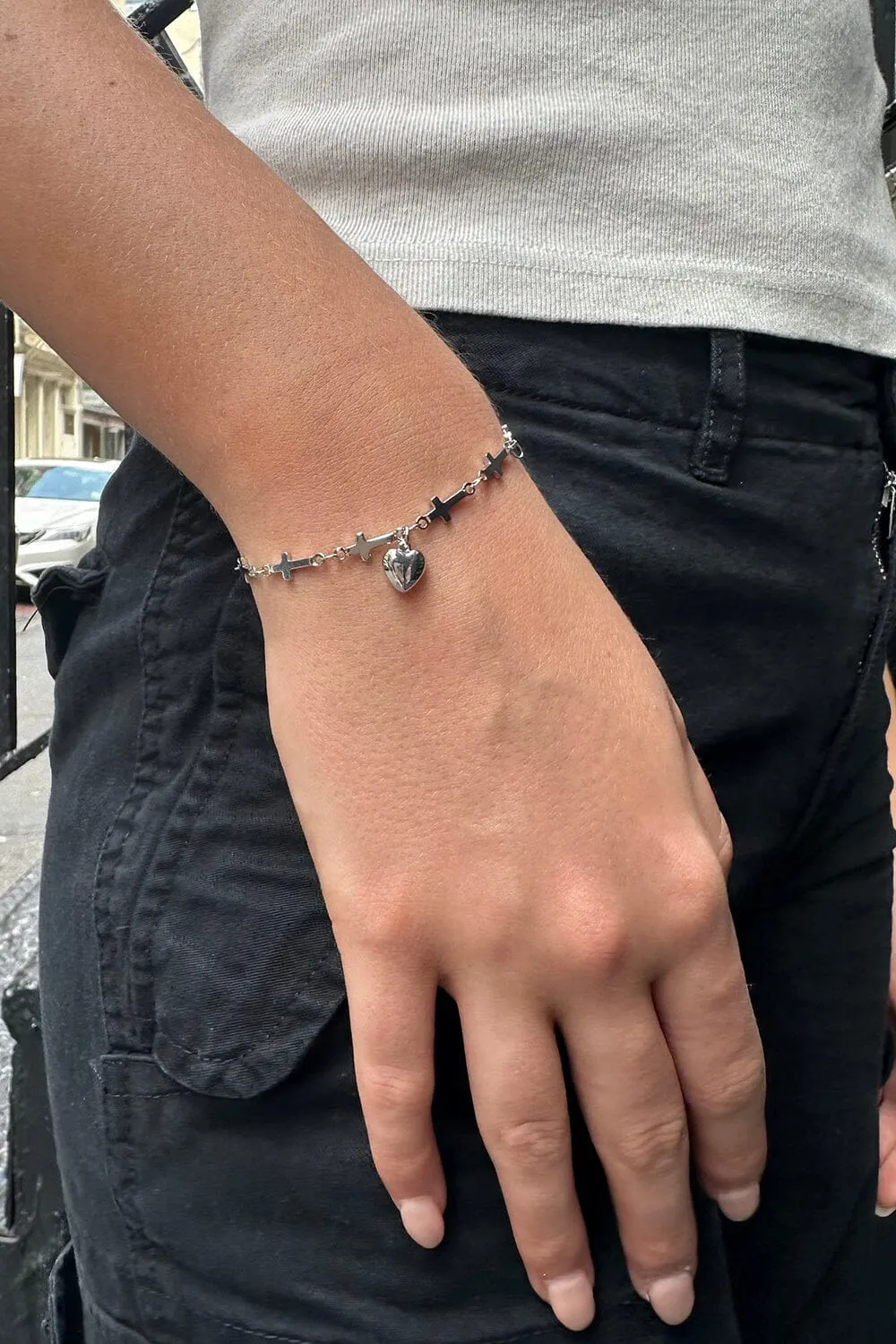 Silver Heart Cross Chain Bracelet