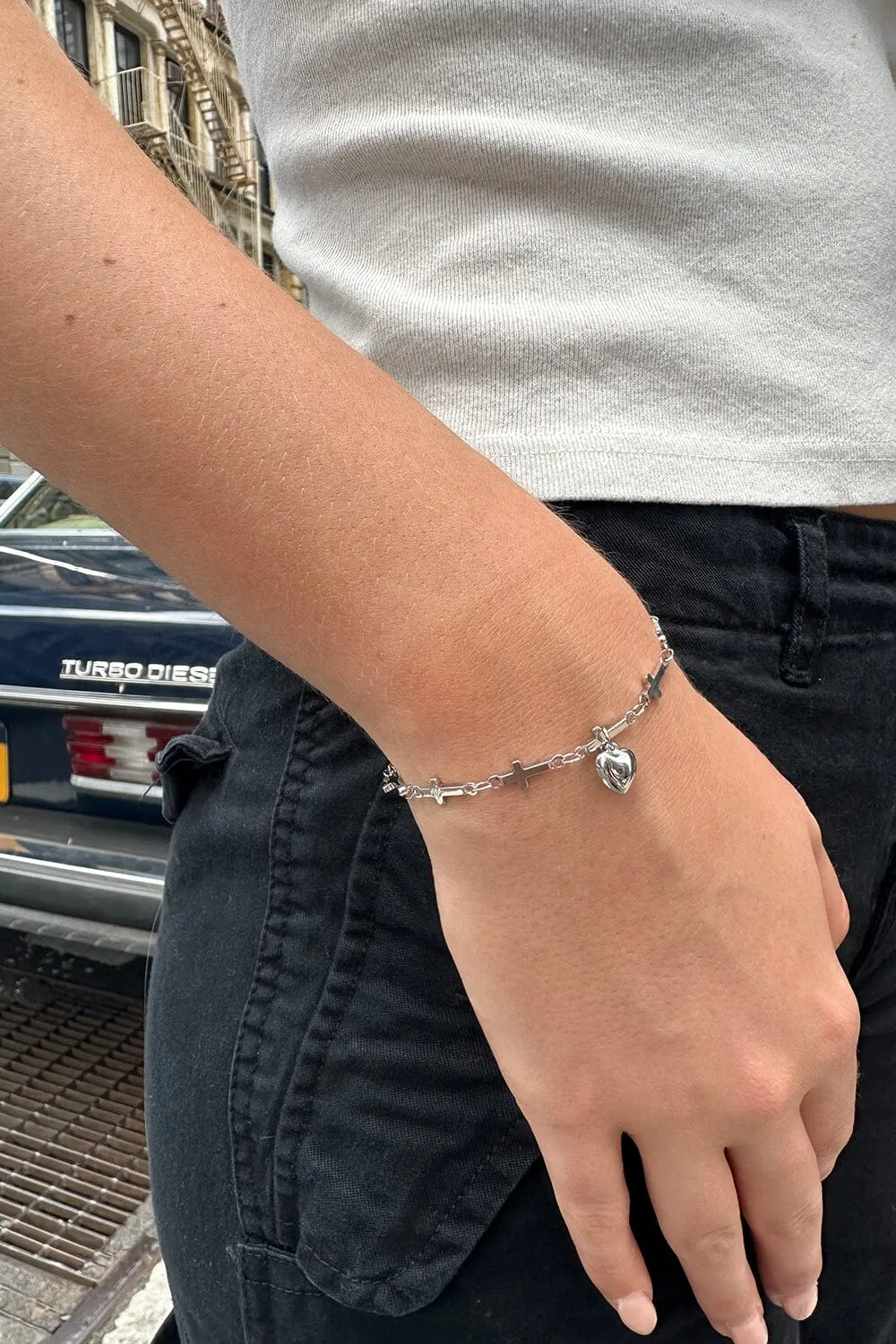 Silver Heart Cross Chain Bracelet