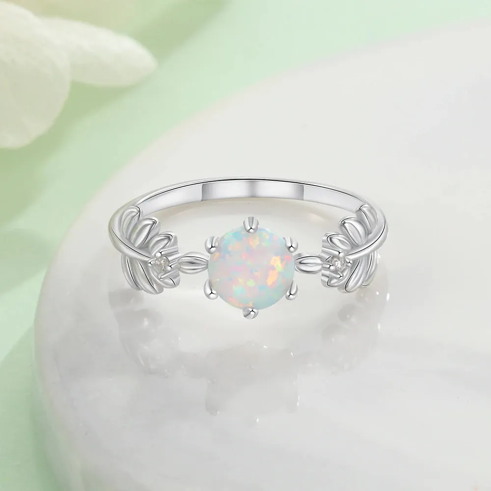 Silver Round White Opal Ring For Women