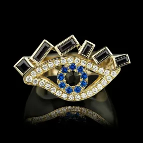 Simulated Sapphire Evil Eye Ring in14K Gold Plating