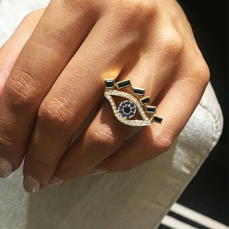 Simulated Sapphire Evil Eye Ring in14K Gold Plating