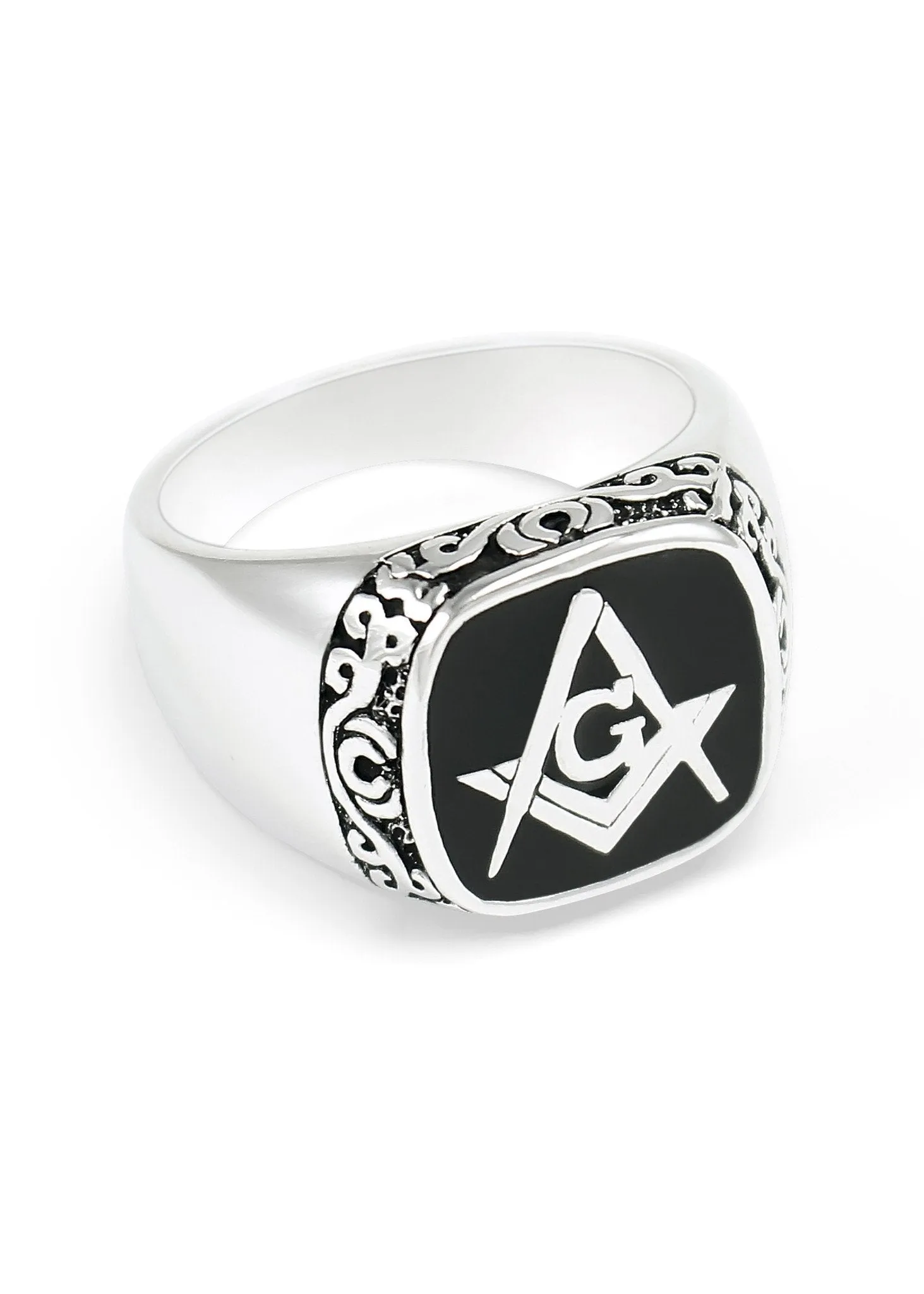 Squared Masonic Ring with Filigree Design and Black Enamel