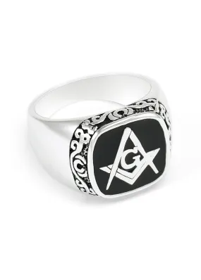 Squared Masonic Ring with Filigree Design and Black Enamel