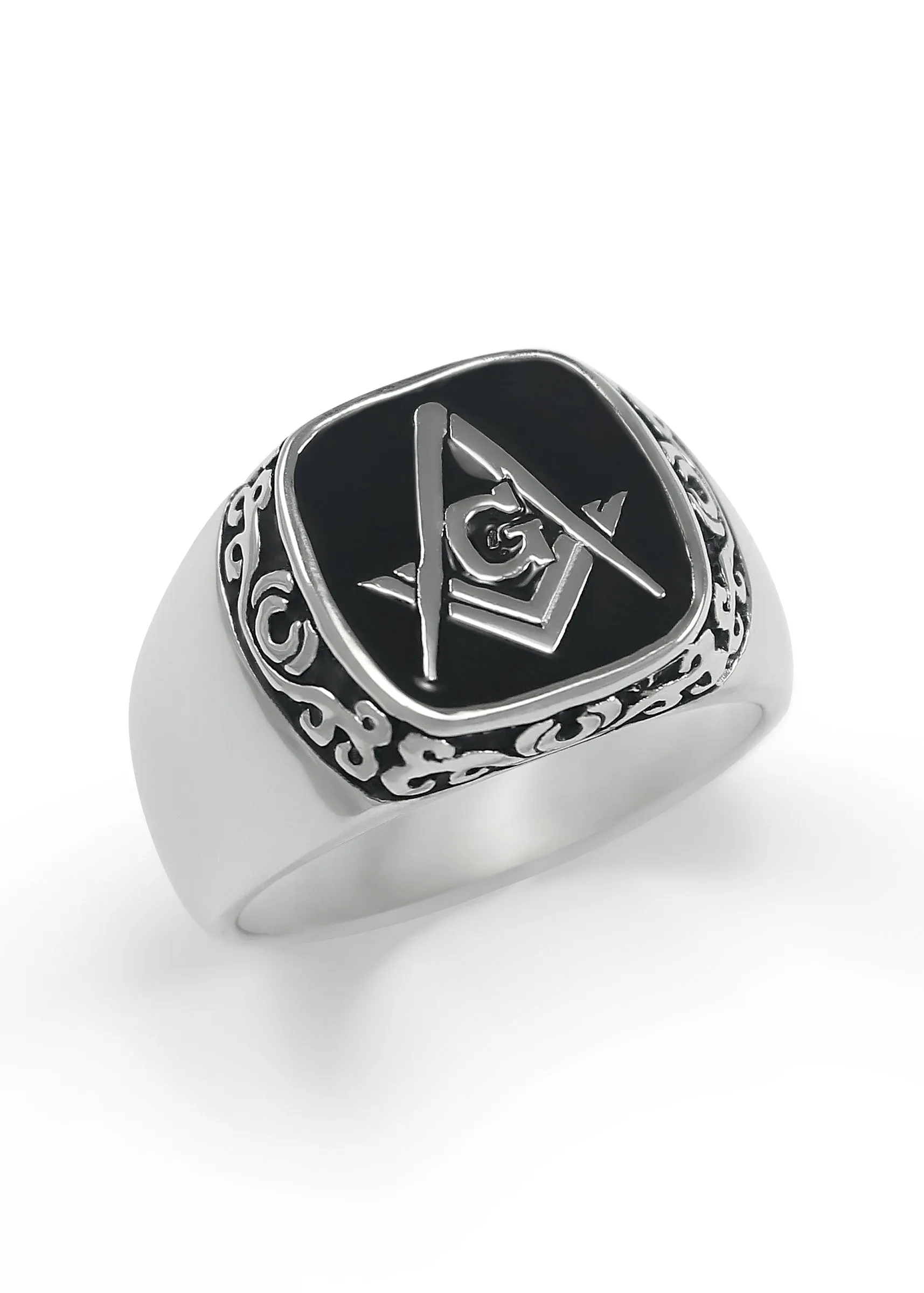 Squared Masonic Ring with Filigree Design and Black Enamel