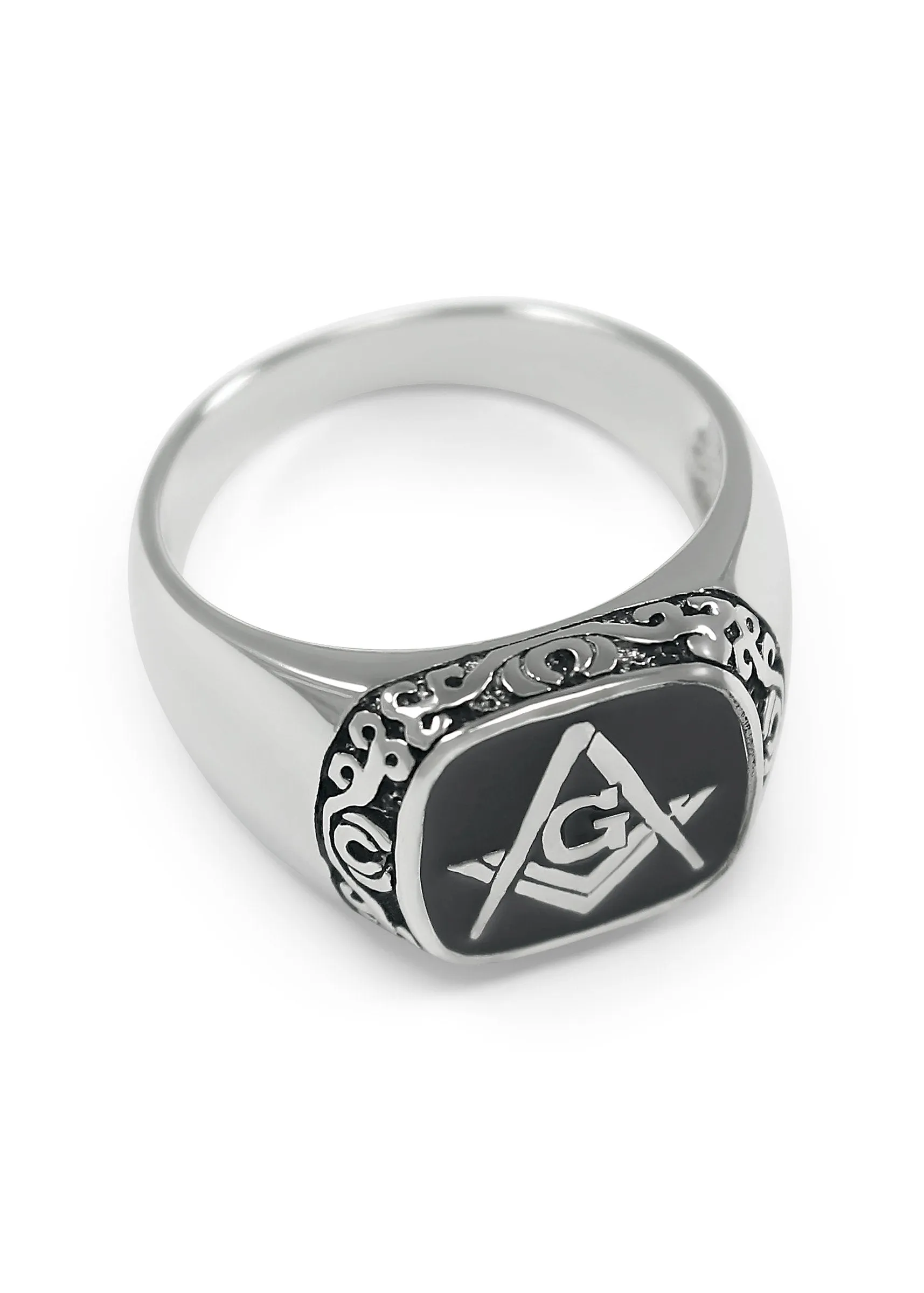 Squared Masonic Ring with Filigree Design and Black Enamel