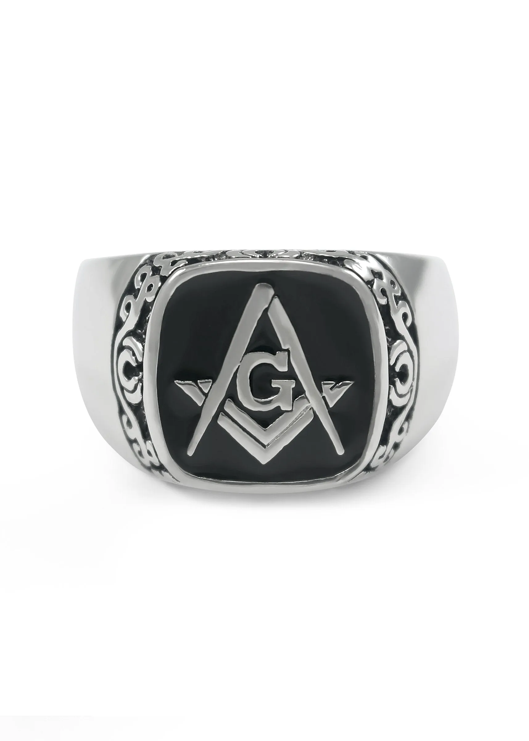 Squared Masonic Ring with Filigree Design and Black Enamel