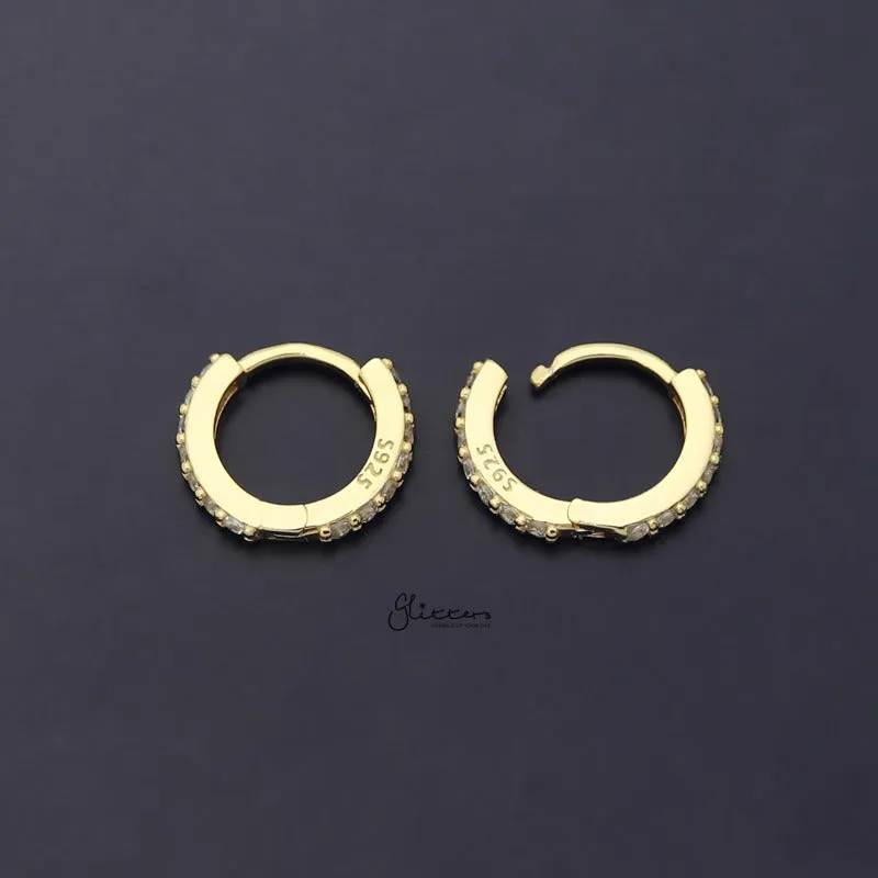 Sterling Silver C.Z Paved One-Touch Huggie Hoop Earrings - Gold