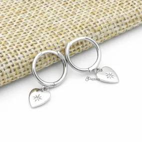 Sterling Silver Huggie Hoop Earrings with Dangle Heart - Silver