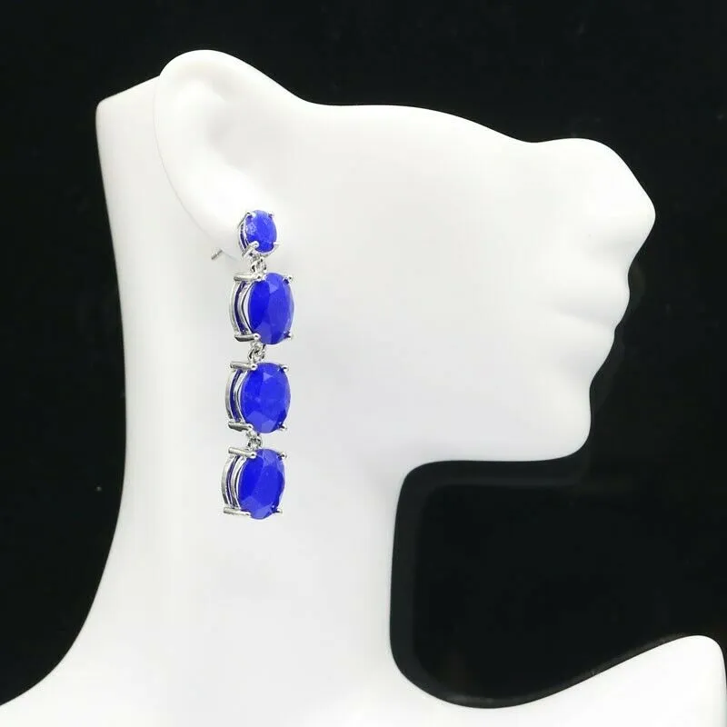 Sterling Silver Real Natural Blue Sapphire Long Earrings