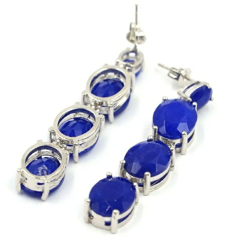 Sterling Silver Real Natural Blue Sapphire Long Earrings