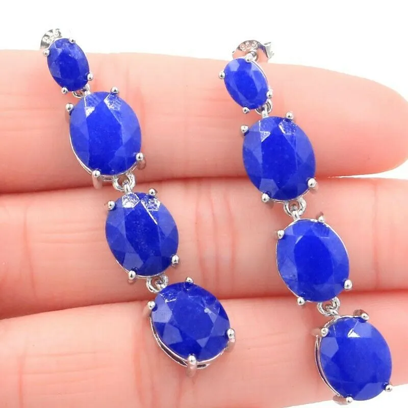 Sterling Silver Real Natural Blue Sapphire Long Earrings