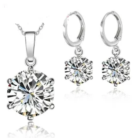 Sterling Silver Round Created Diamond Solitaire Pendant Earring Set