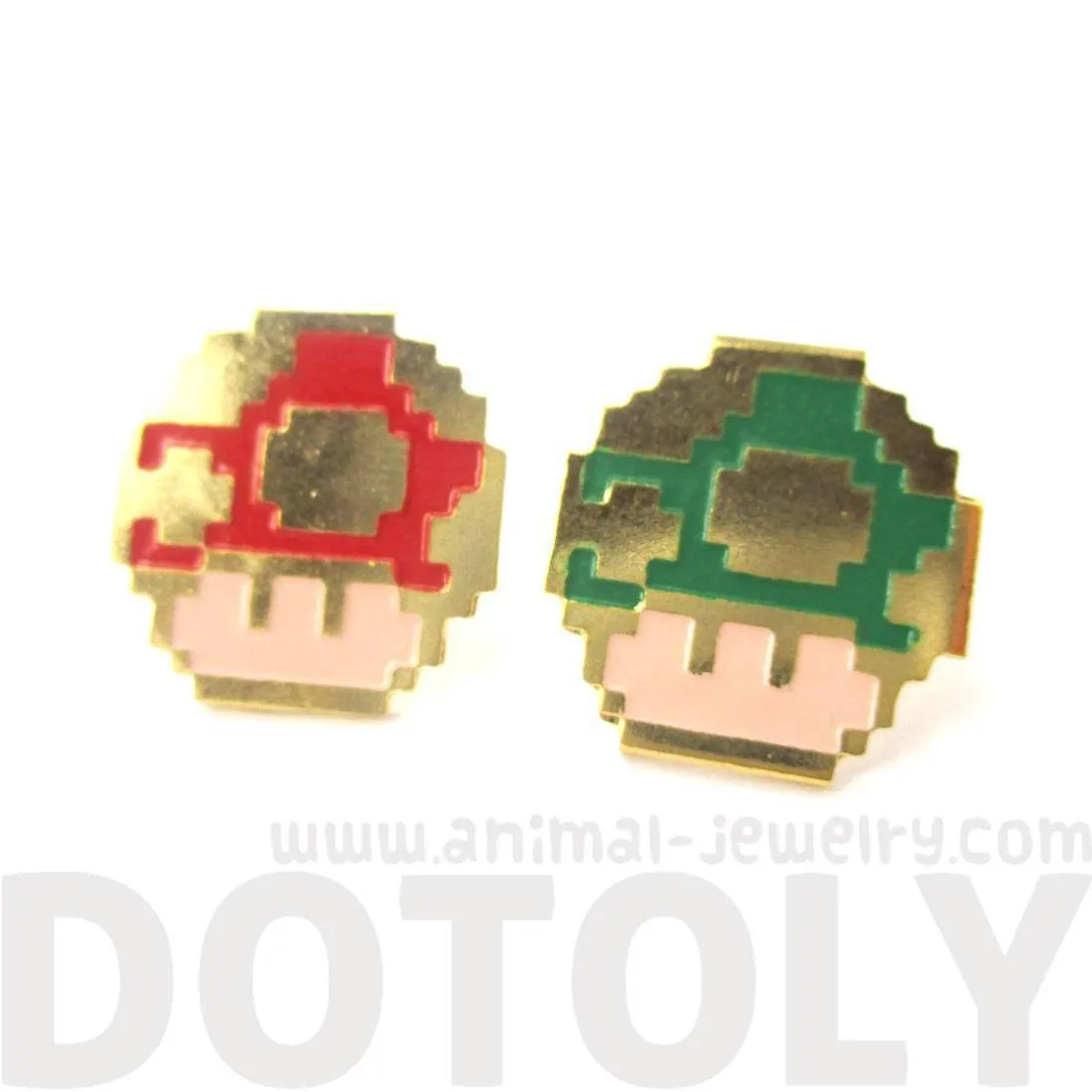 Super Mario Themed Mushroom Powerup Shaped Stud Earrings in Red and Green | Limited Edition Jewelry