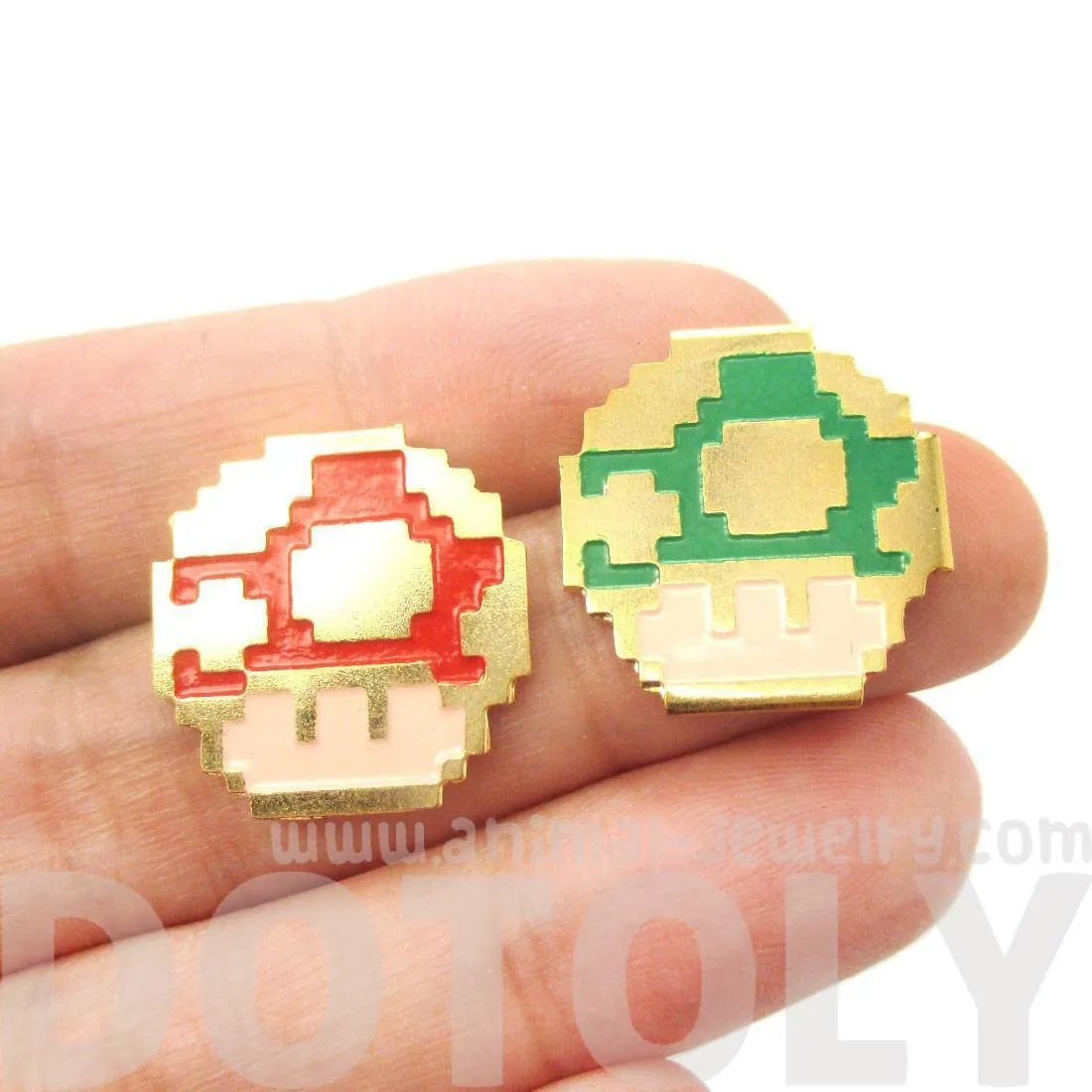 Super Mario Themed Mushroom Powerup Shaped Stud Earrings in Red and Green | Limited Edition Jewelry