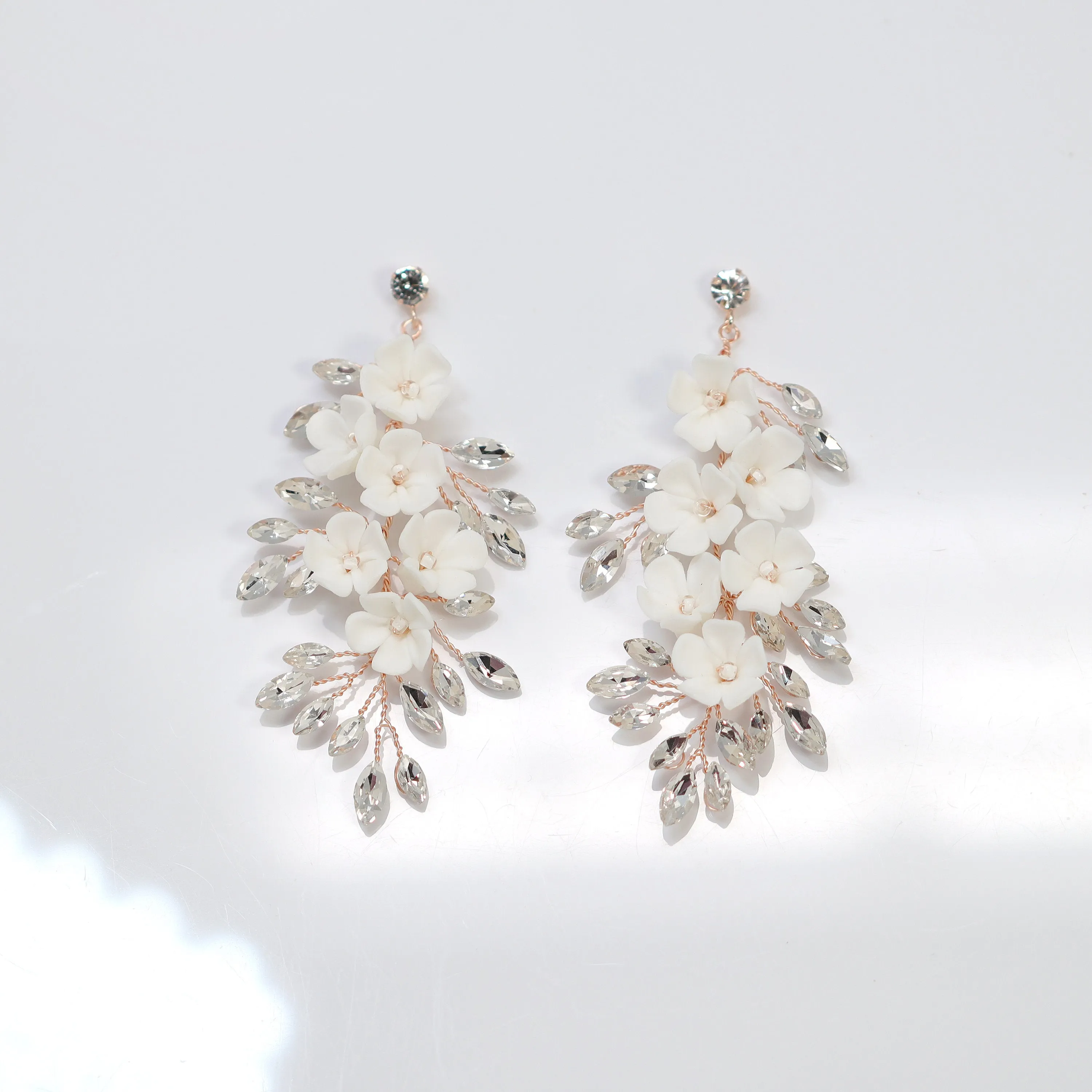 Swarovski Crystal Porcelain White Floral Dreams Vine Leaves Earring Long Bridal Jewelry Opal Bridal Earrings Opal Statement Earrings