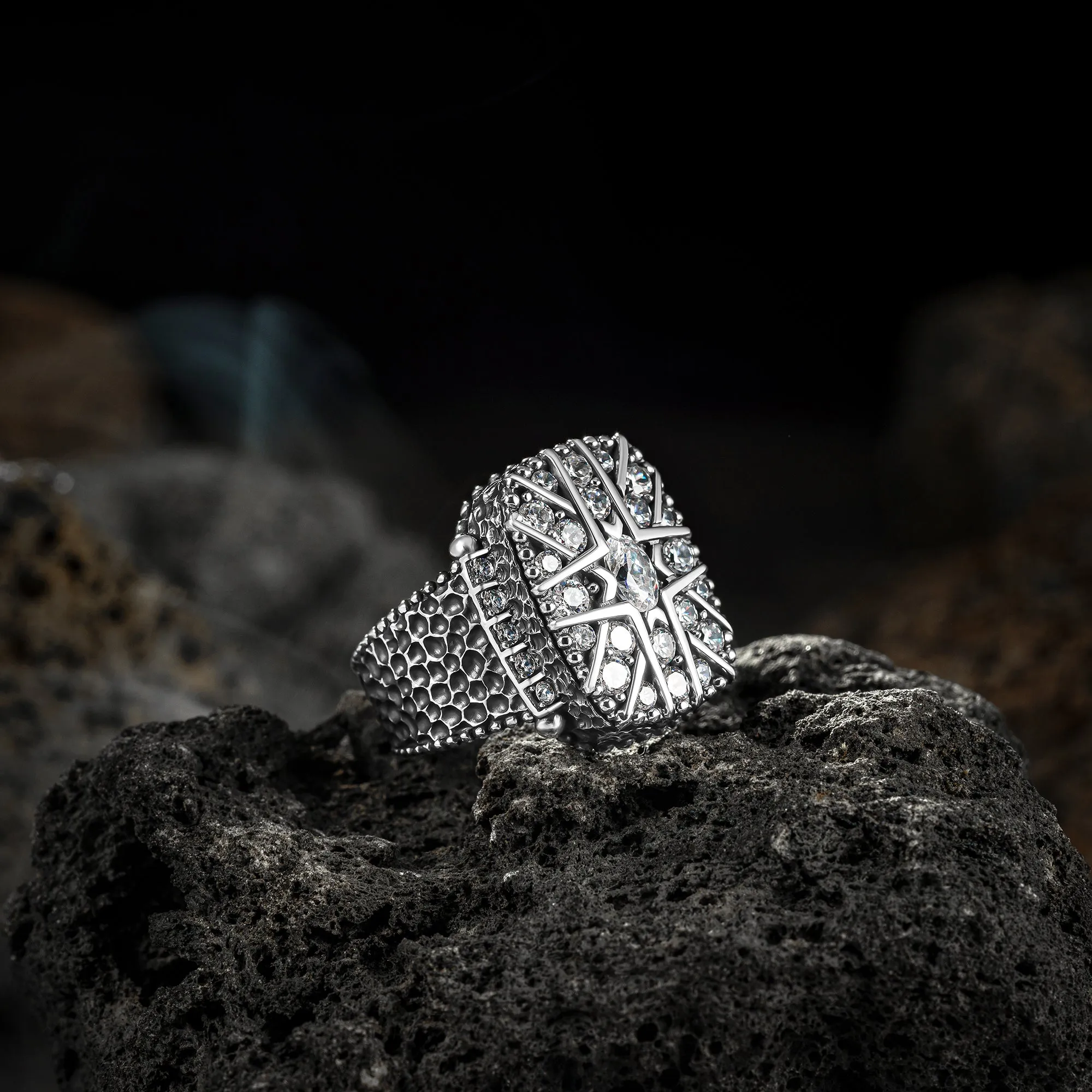 THE SNOWY OWL - Shiny Shield Shaped Silver Man Ring with Bright White Zircon Stones