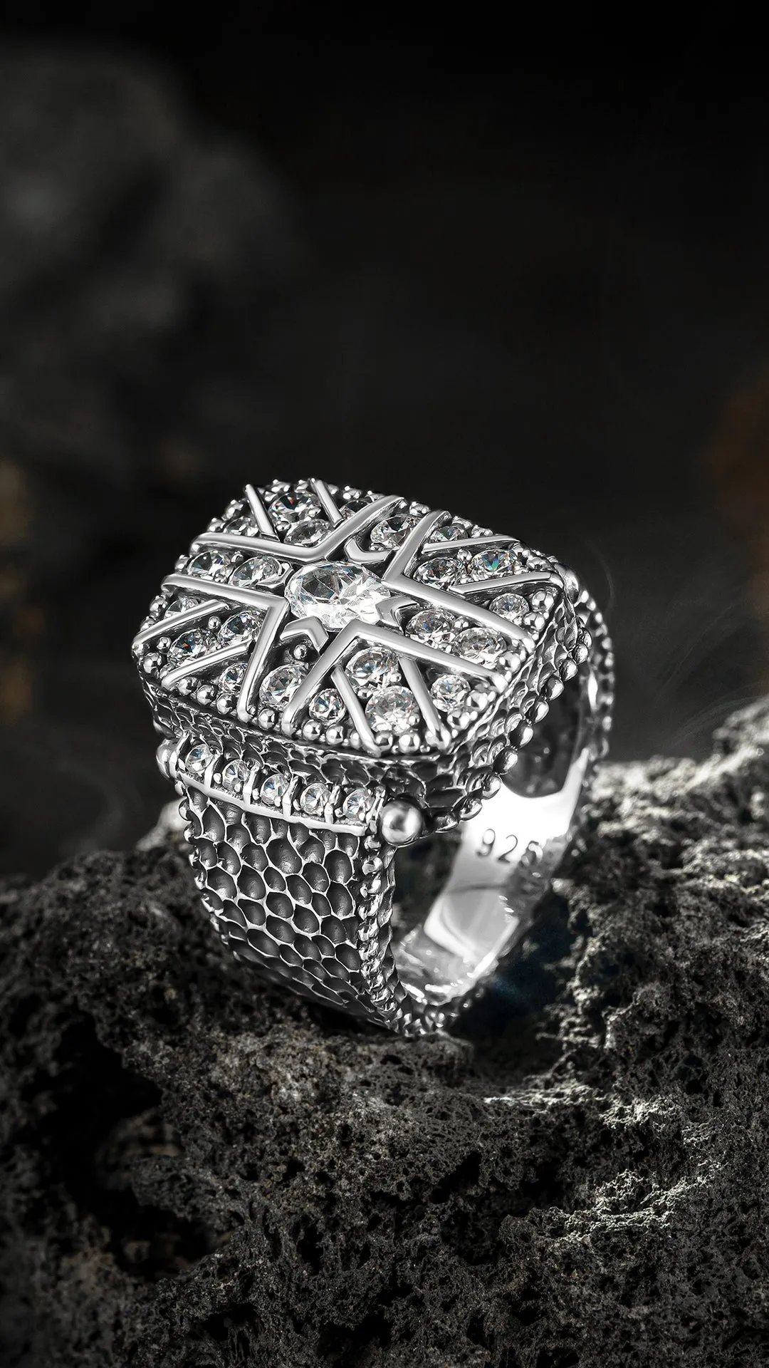 THE SNOWY OWL - Shiny Shield Shaped Silver Man Ring with Bright White Zircon Stones