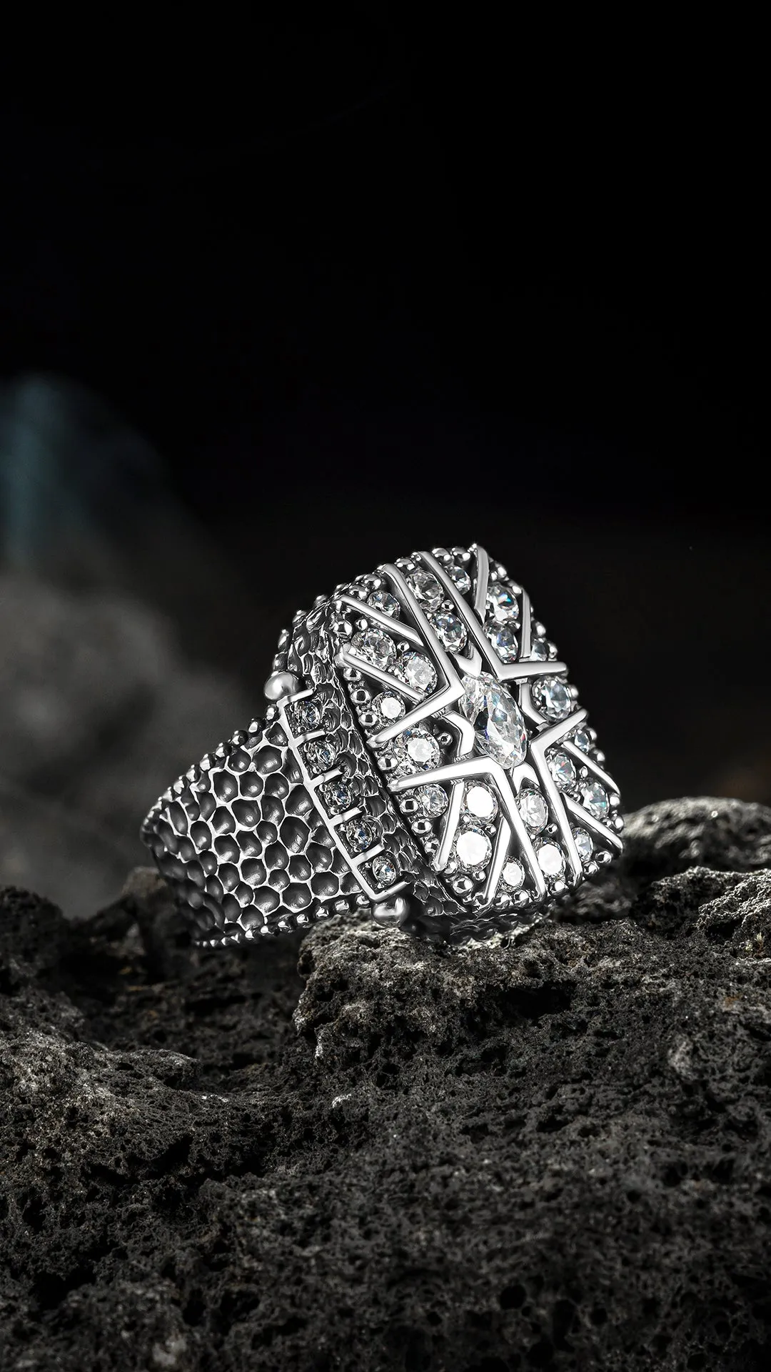 THE SNOWY OWL - Shiny Shield Shaped Silver Man Ring with Bright White Zircon Stones