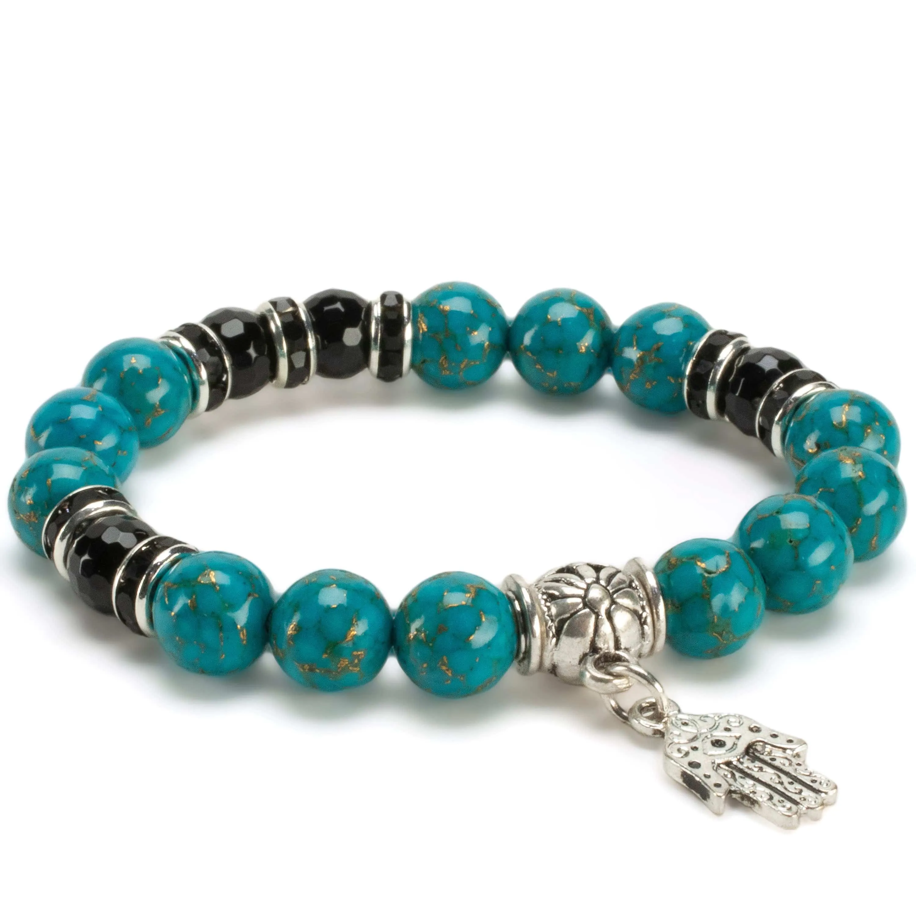 Turquoise 10mm Gemstone Elastic Bead Bracelet with Hamsa Charm & Black Agate Accent Beads