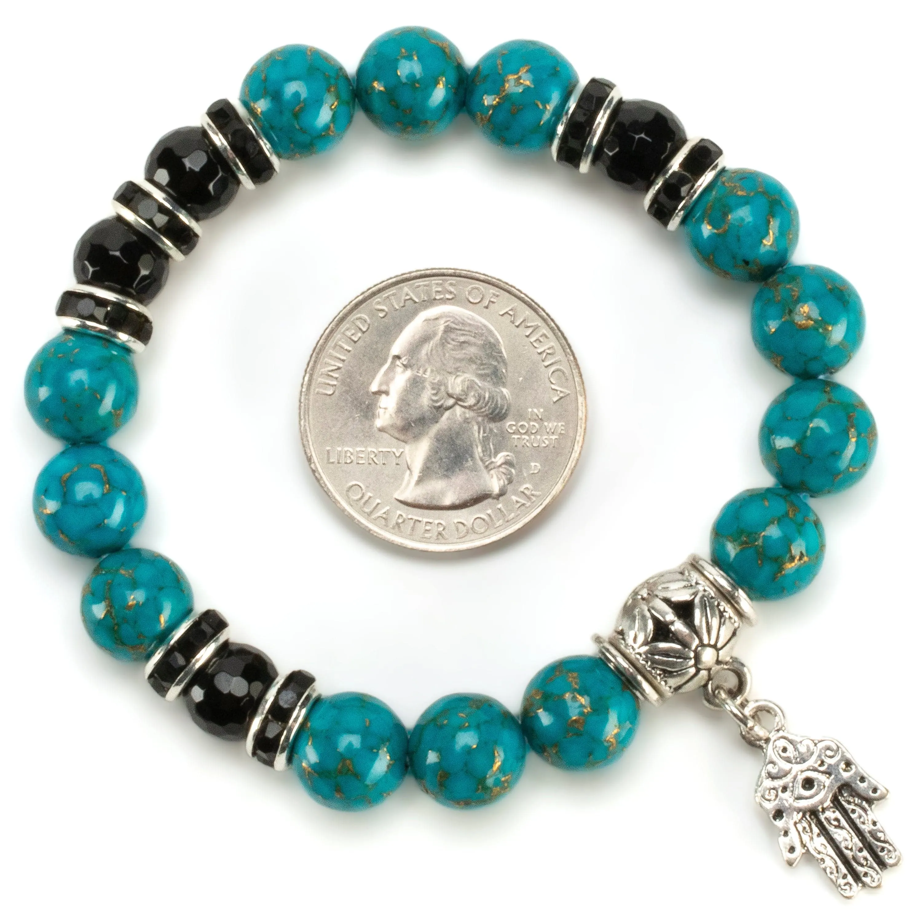 Turquoise 10mm Gemstone Elastic Bead Bracelet with Hamsa Charm & Black Agate Accent Beads