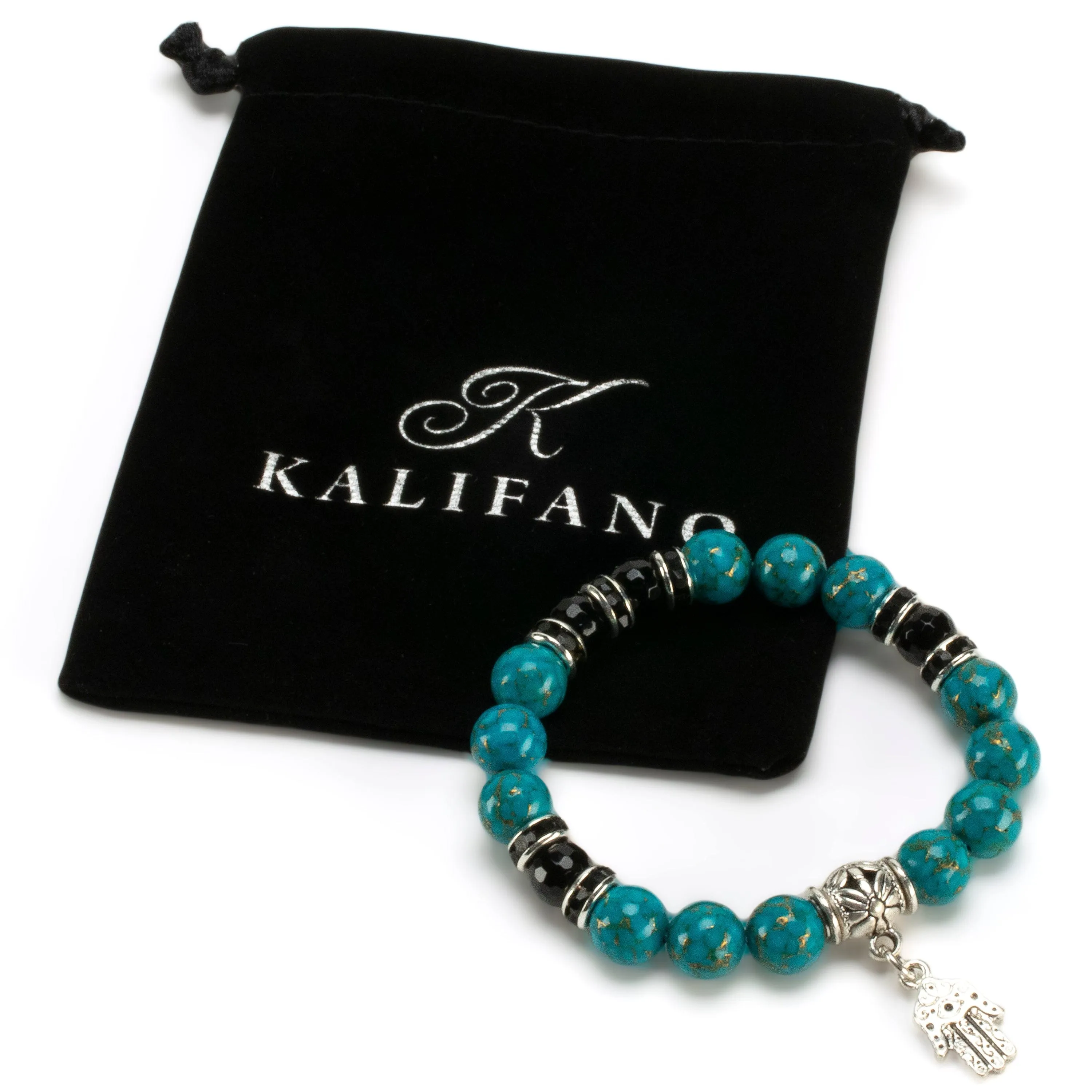 Turquoise 10mm Gemstone Elastic Bead Bracelet with Hamsa Charm & Black Agate Accent Beads