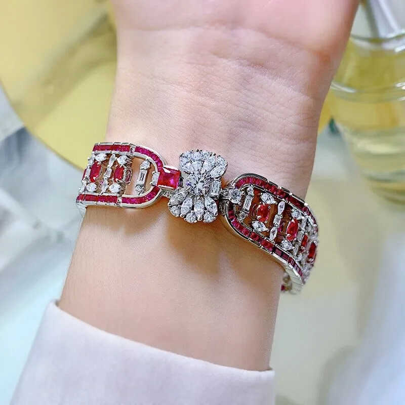 Vintage Natural Ruby Diamond 925 Sterling Silver Bangle Bracelet