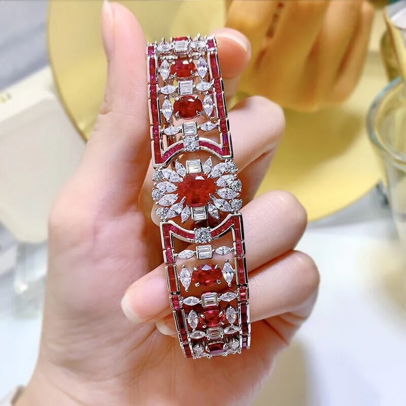 Vintage Natural Ruby Diamond 925 Sterling Silver Bangle Bracelet