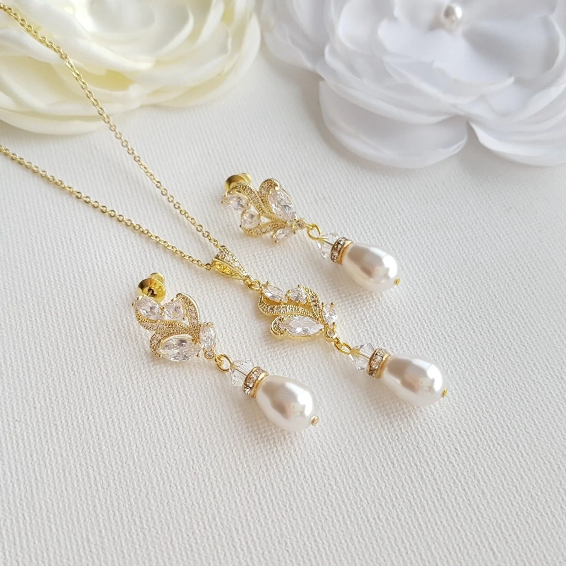 Vintage Style Pearl Jewelry Set for Brides in Rose Gold-Wavy