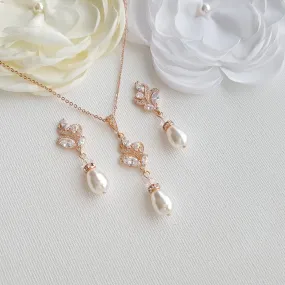 Vintage Style Pearl Jewelry Set for Brides in Rose Gold-Wavy