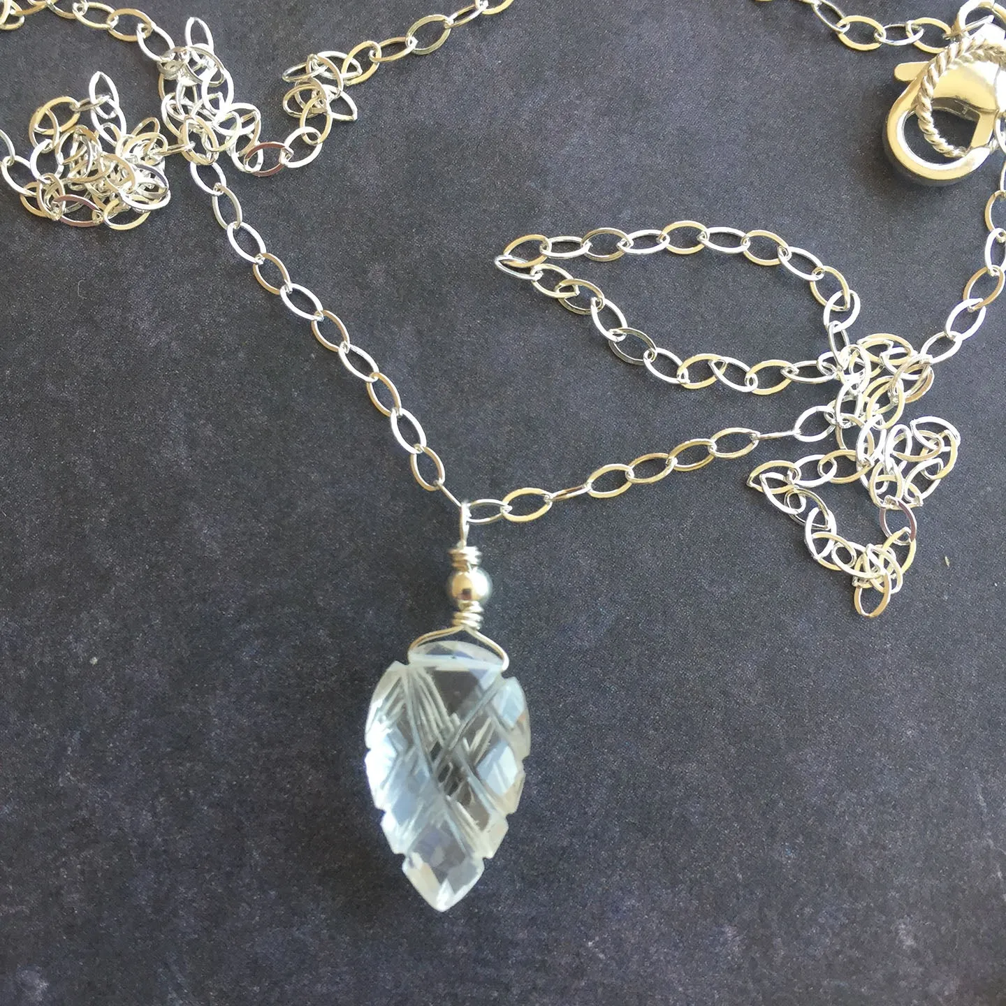 White Topaz Quartz Carved Leaf Necklace