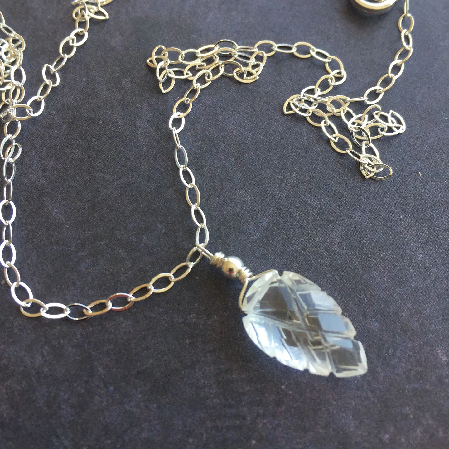 White Topaz Quartz Carved Leaf Necklace