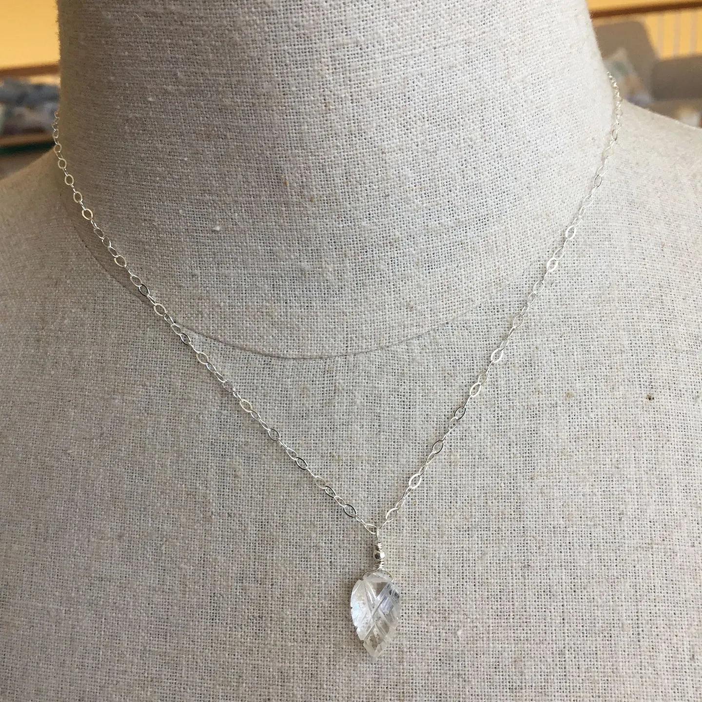 White Topaz Quartz Carved Leaf Necklace