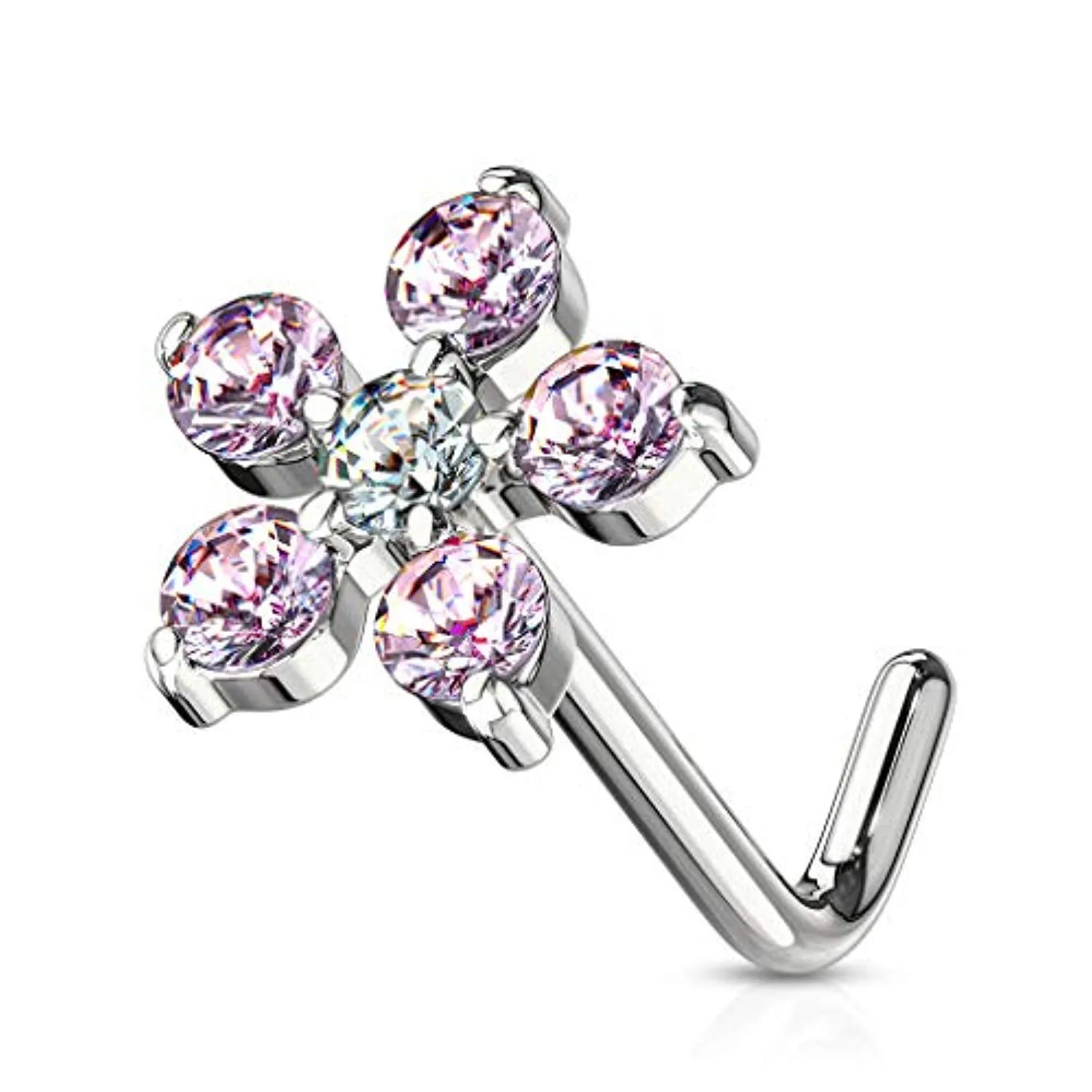 WildKlass 6 CZ Flower 316L Surgical Steel L Bend Nose Stud Rings