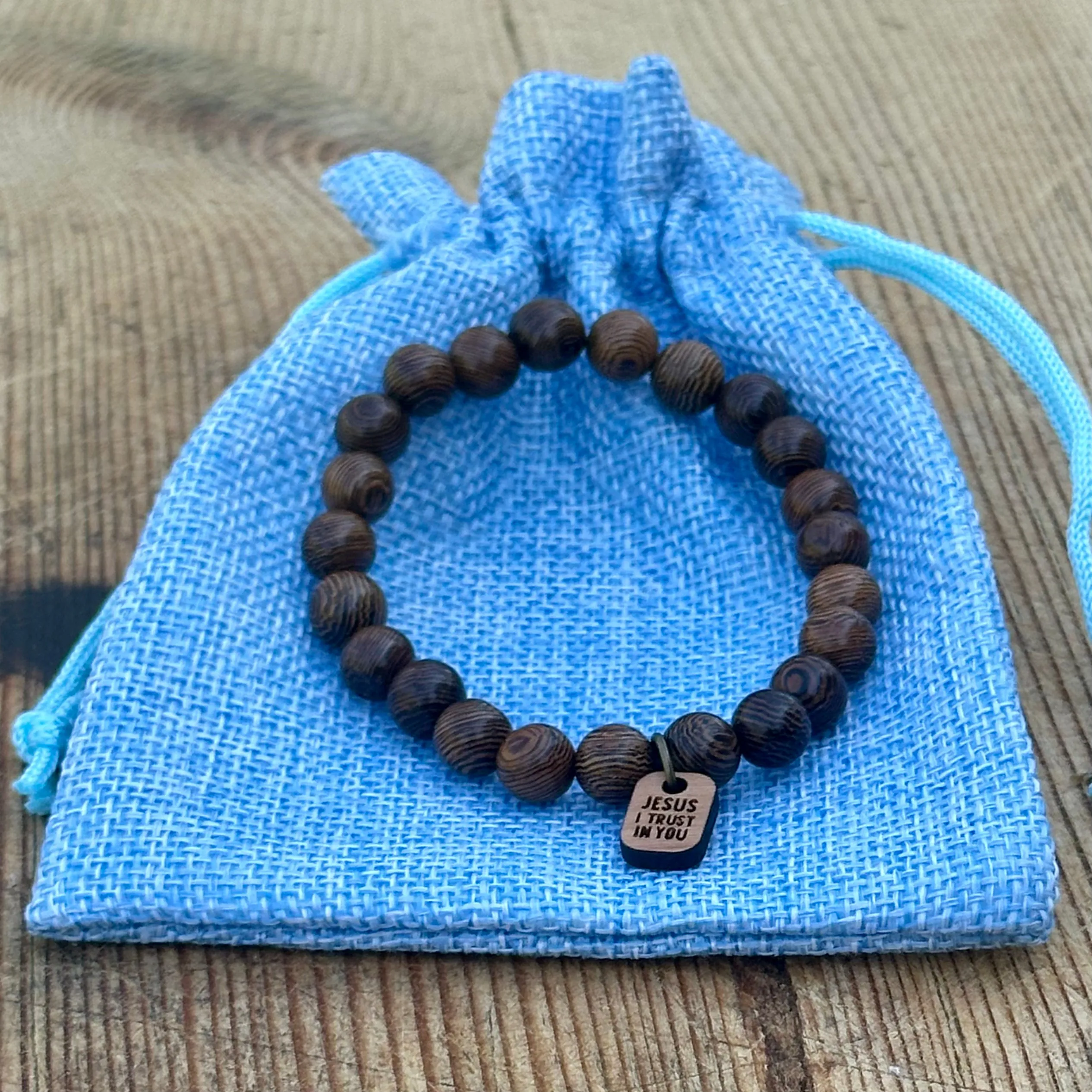 Wooden Unisex Bracelet with Message - "Jesus I trust in you"